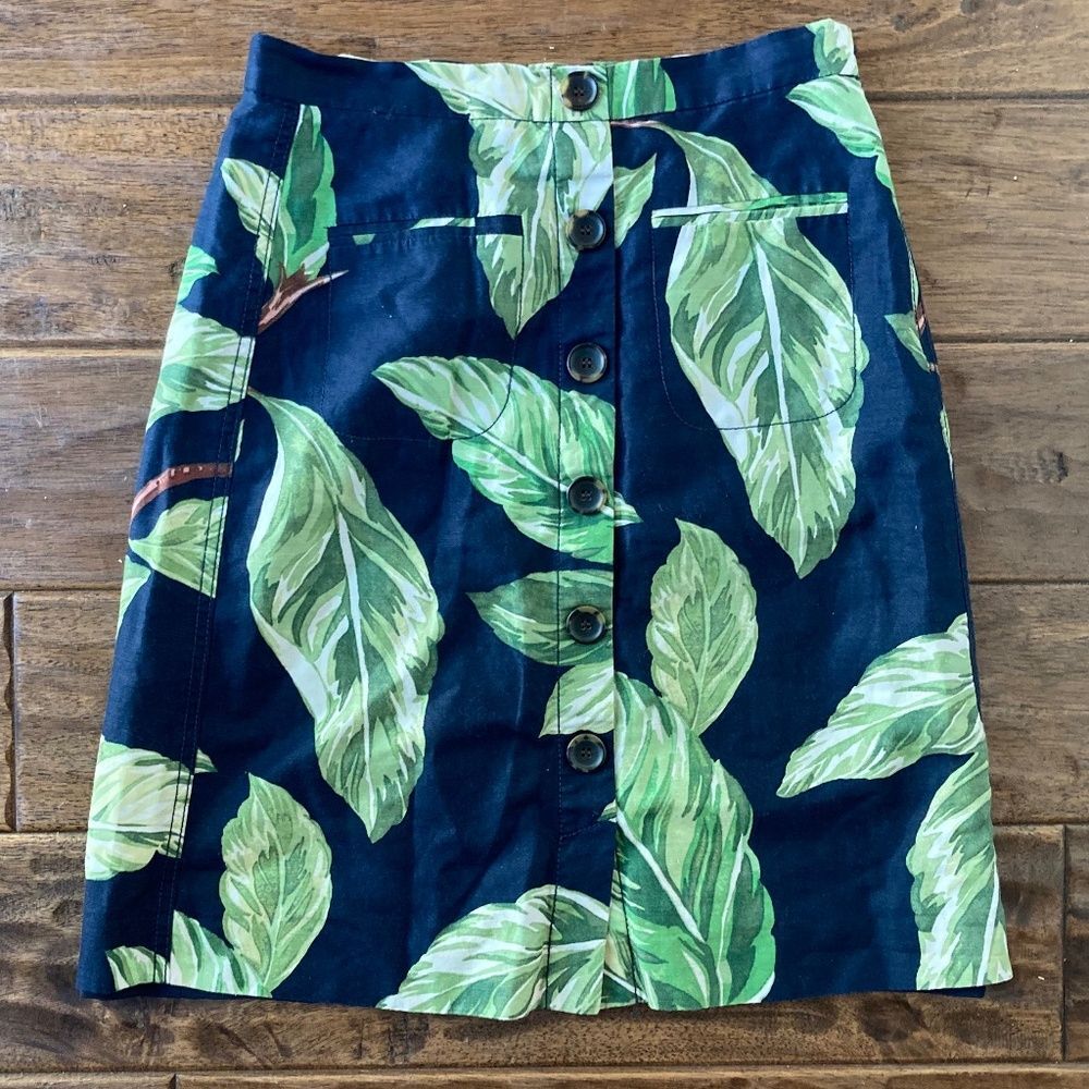 Ann Taylor 4P Linen Tropical Palm Leaves Print Button Front A Line Skirt Spring